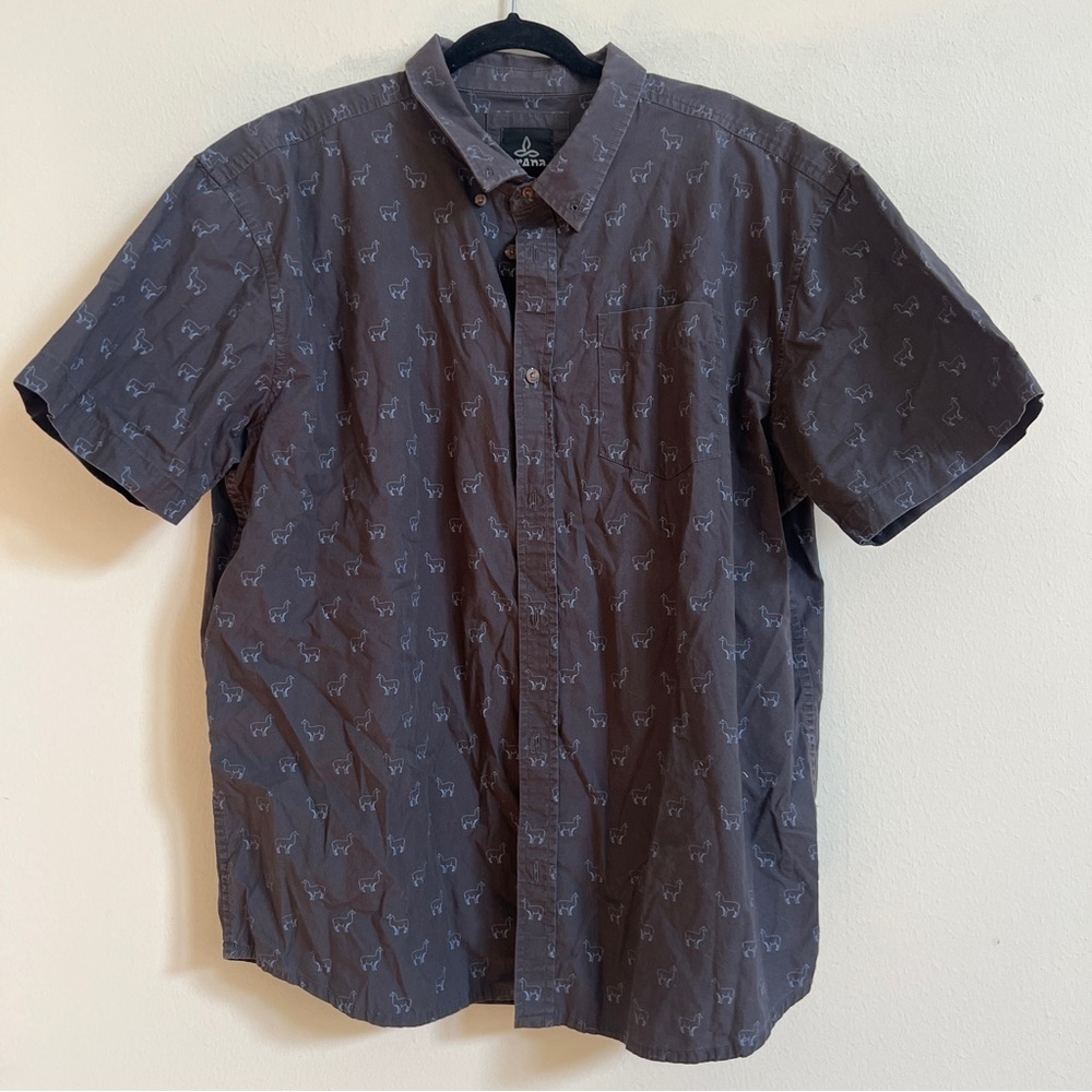 Prana mens black llamas pattern short sleeve button down xxLarge